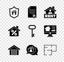 Set House with shield, contract, Hanging sign Rent, Garage, Real estate message house, plan, percant discount and key icon. Vector