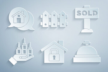Set House under protection, Hanging sign with text Sold, Skyscraper, Hotel service bell, Garden fence wooden and Real estate message house icon. Vector