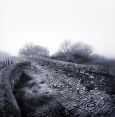 White and black film shot of Roman bridge and ancient path at Girona province of Spain