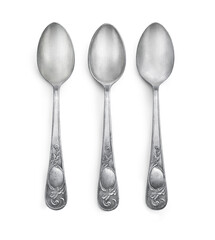 Three silver spoons isolated on white background. Copy space for initials on handles
