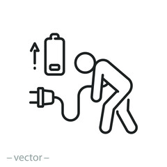 tired man with low level charge battery, icon, plug energy life, no full  power, big load worker, thin line symbol on white background - editable stroke vector illustration eps10