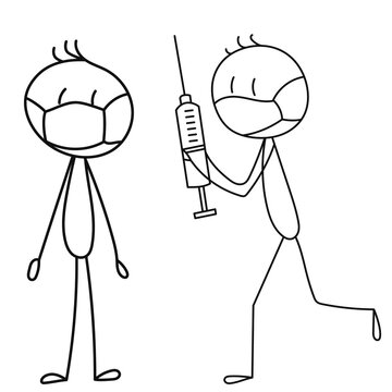 stick figure of masked people with syringe
