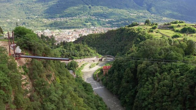 Aerial 4K, Sondrio in Valtellina, cable stayed bridge construction in Cassandre	