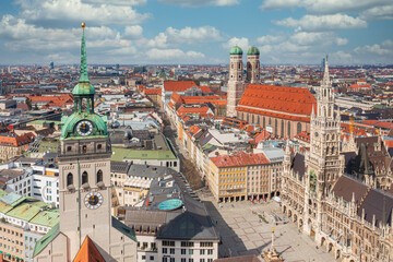 Fototapeta na wymiar Beautiful aerial view of Munich: Marienplatz, New Town Hall and Frauenkirche