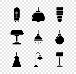 Set Light emitting diode, Chandelier, LED light bulb, Lamp hanging, Floor lamp, Table and icon. Vector