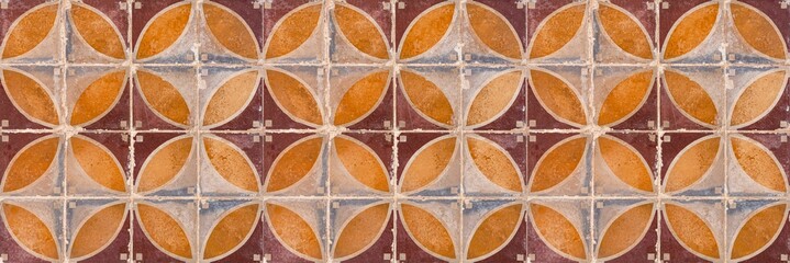 Panorama of Vintage antique brown ceramic tile pattern texture and seamless background