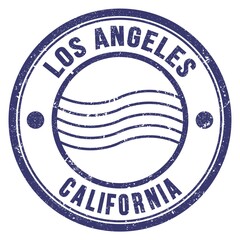 LOS ANGELES - CALIFORNIA, words written on blue postal stamp