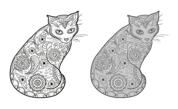 Hand drawn zen cat with abstract patterns on isolated background. Different color options. Black and white illustration