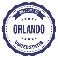 WELCOME TO ORLANDO - UNITED STATES, words written on blue stamp