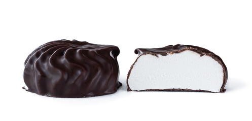 halved chocolate-coated marshmallow treat isolated on white background