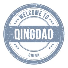 WELCOME TO QINGDAO - CHINA, words written on gray stamp