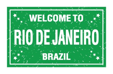 WELCOME TO RIO DE JANEIRO - BRAZIL, words written on green rectangle stamp
