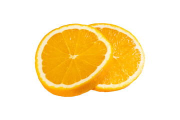 two slices of orange on a white isolated background. sliced orange