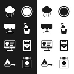 Set Champagne in an ice bucket, Wooden table, Cupcake, Plate, Online ordering and delivery, Restaurant cafe menu, and Frying pan icon. Vector