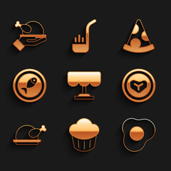 Set Wooden table, Cupcake, Scrambled eggs, Steak meat on plate, Roasted turkey or chicken, Served fish, Slice of pizza and icon. Vector