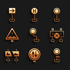 Set Road traffic sign, warning two way, barrier, Uneven road ahead, and Traffic turn right icon. Vector
