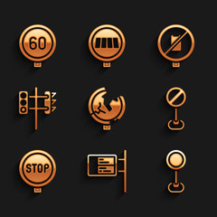 Set Road traffic sign, ublic transport board, Stop, Traffic light, No cell phone and Speed limit icon. Vector