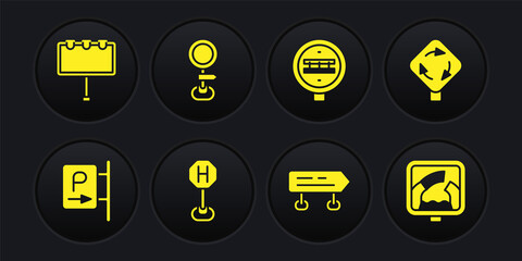 Set Parking, Roundabout traffic sign, Hospital road, Road, Railroad crossing, Drawbridge ahead and Billboard with lights icon. Vector