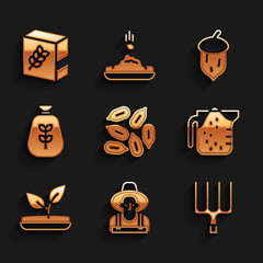Set Seed, Farmer in the hat, Garden pitchfork, Measuring cup, Sprout, Bag of flour, Acorn, oak nut, seed and Flour pack icon. Vector