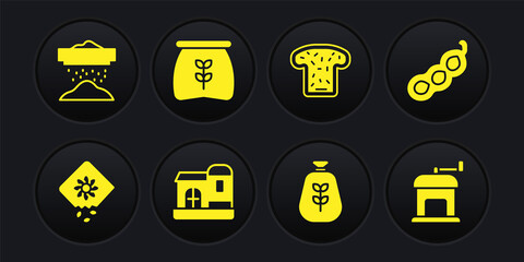 Set Pack full of seeds of plant, Green peas, Farm house, Bag flour, Bread toast, Manual coffee grinder and Sifting icon. Vector