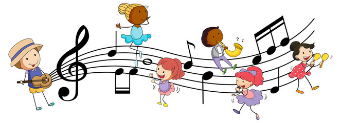 Musical melody symbols with many doodle kids cartoon character © GraphicsRF