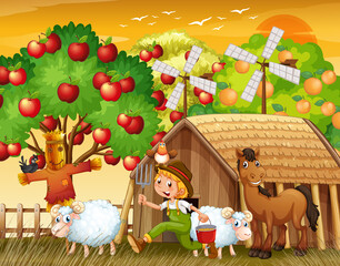 Farm scene with farmer boy cartoon character and animals