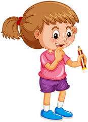 Happy girl cartoon character holding a pencil