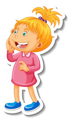 Sticker template with a little girl cartoon character isolated