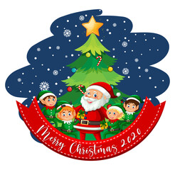 Merry Christmas 2020 font with Santa Claus cartoon character