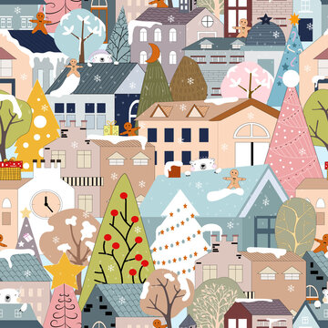 Seamless pattern winter wonderland, Cute Christmas landscape in the town with fairy tale houses,Ginger bread man, polar bear,Christmas trees with decorations on holiday eve. Vector Holiday background