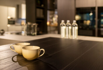 home interior - wooden table with two cups