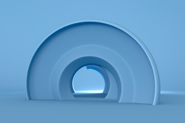 Blue round arch - cold water 3d render illustration. Abstract digital background with empty space. Stage, platform for technology product.  Wavy structure, shape, perspective path 