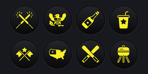 Set American flag, Paper glass with straw, USA map, Crossed baseball bat, Champagne bottle, Eagle, Barbecue grill and Sparkler firework icon. Vector