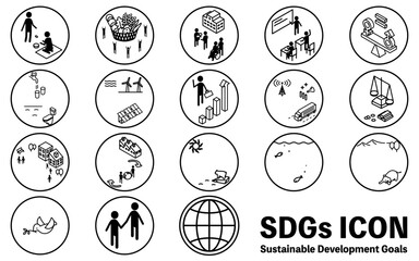 SDGs、17目標のピクトグラムアイコン、丸型白黒版