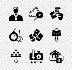 Set Worker, Global economic crisis, Tearing money banknote, Gold bars, Drop crude oil price, Hanging sign with Sale, Money bomb dollar and Credit card icon. Vector