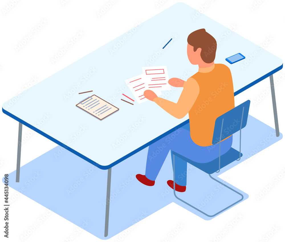 Poster man sits at table and works with text on clipboard. male character at workplace is doing paperwork. 