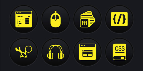 Set Debugging, Programming language syntax, Headphones, Search engine, Processor, Computer mouse, Books about programming and Software icon. Vector