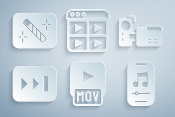 Set MOV file, Cinema camera, Fast forward, Music player, playlist and Photo retouching icon. Vector