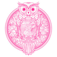 Zendala with owl. Design Zentangle. Zen art. Abstract mandala with bird. Print for polygraphy, posters, t-shirts and textiles. Doodle for design. Design for spiritual relaxation for adults. Line art