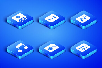 Set Music equalizer, Live stream, Speaker mute, note, tone, Fast forward and icon. Vector