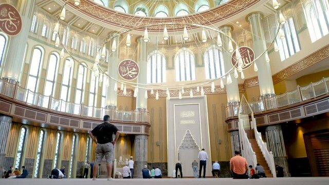 ISTANBUL, TURKEY, JULY 8, 2021: Interior detail from Taksim Mosque, a mosque complex at Taksim Square,was designed by Sefik Birkiye and Selim Dalaman, inaugurated with a friday prayer on May 28, 2021.