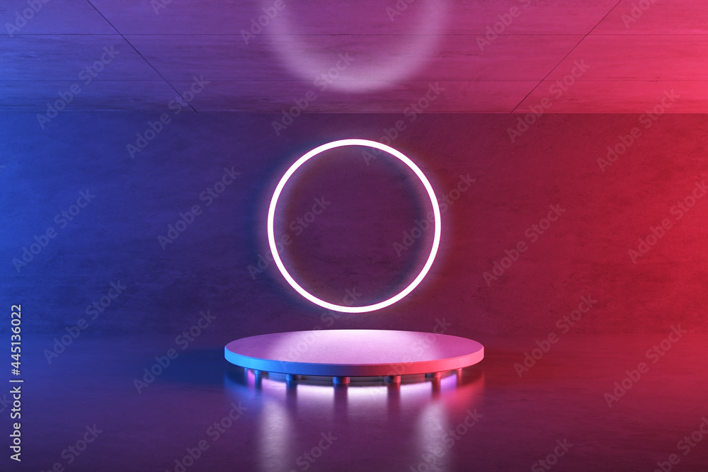 Poster 3d rendering of futuristic glowing neon lights in concrete room, sci-fi space with round podium, fut