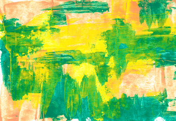 Abstract hand drawn colorful and texture background. Yellow, green and brown colors mixed together. Abstract lines and blots. Interior picture, modern art. Beautiful creative print