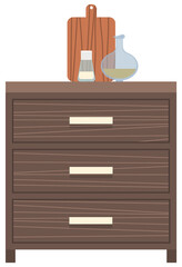 Wooden light brown chest of drawers. Furniture made of natural materials. Dark chest of drawers with kitchen utensils, cutting board, dishes. Furniture, interior element isolated on white background