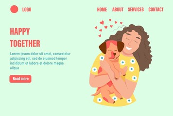 Happy together landing page vector template. Happy pet owners. A young woman hugs a dog. Flat vector illustration