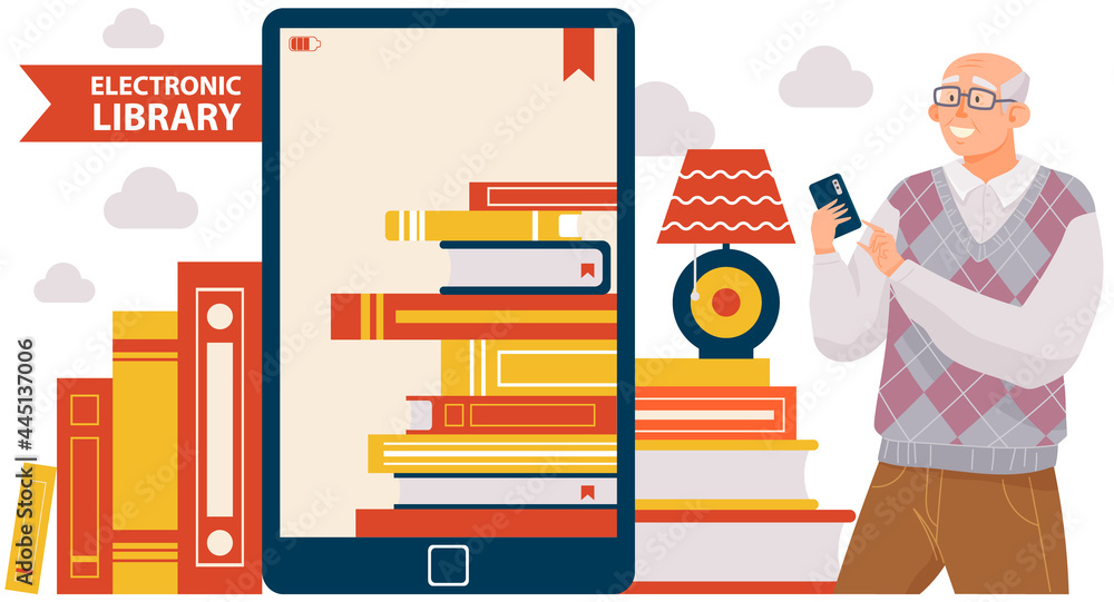 Poster eldery man with smartphone is using online library. male character using mobile device in home. old 