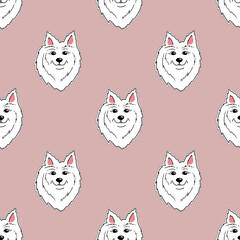 Seamless pattern with the face of a Samoyed dog on pink background. Minimalistic pattern for national dog day. Drawing for packaging, fabric, paper, etc.