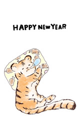 寅年の年賀状、白背景のはがきサイズのイラスト素材、英語
