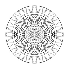 Round mandala with simple striped patterns on a white isolated background. For coloring book pages.
