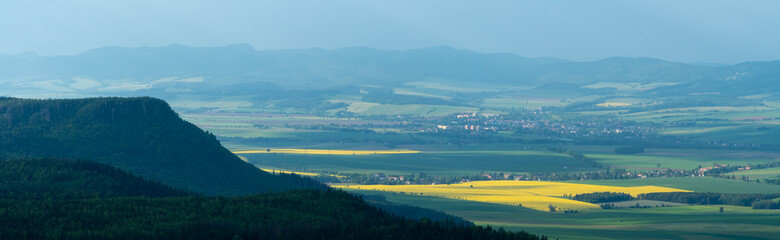 High resolution panorama from Szczeliniec Wielki viewpoint at sunset, they call it Table Mountains,...